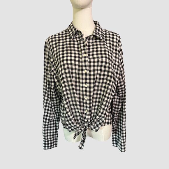 J.Crew Black White Gingham Button Down Shirt Women’s XL 100% Cotton Tie Front - Picture 7 of 8